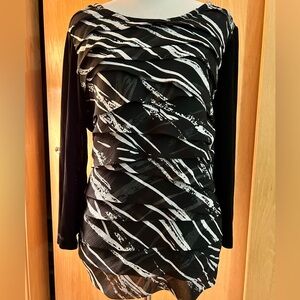 Chico's Black and White Ruched Asymmetrical Blouse